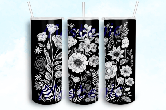 Black and White Flowers Tumbler PNG: Graphics for Crafts Sellers