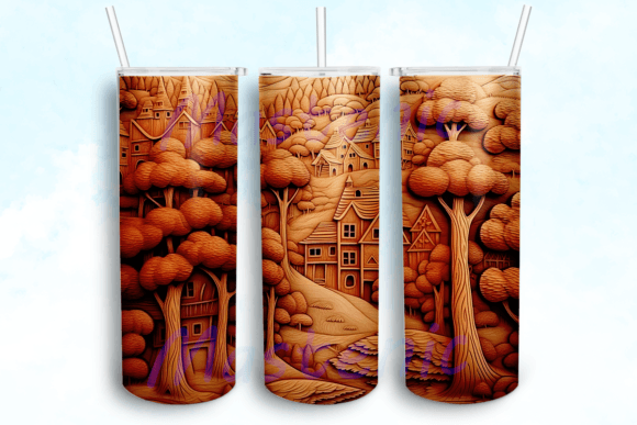 Engraved Wood Village Landscape Tumbler Graphics
