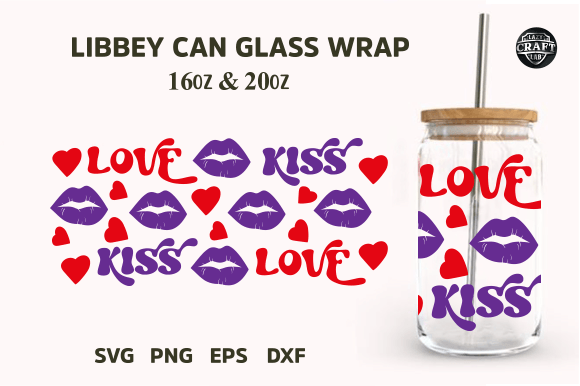 Love Kiss Valentine Libbey Can Glass SVG: Graphics for Tumbler Wraps