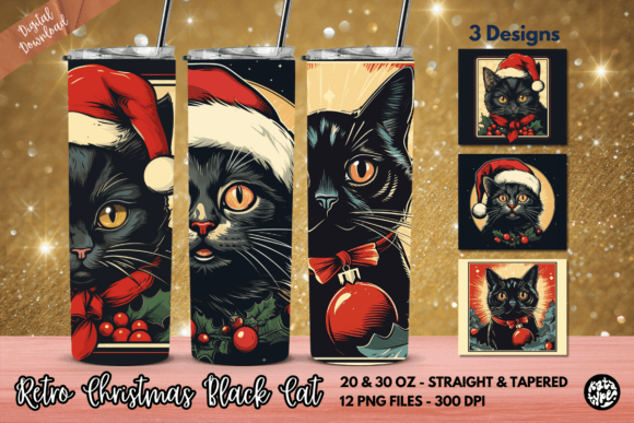 Retro Black Cat Christmas Tumbler Wrap: Graphics & Print Templates