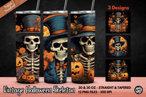 Vintage Halloween Skeleton Tumbler Wrap: Graphics & Print Templates