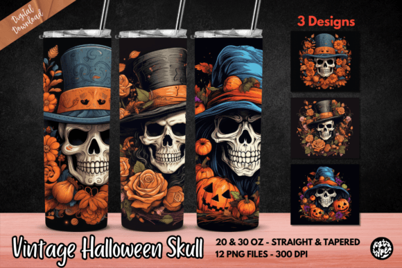 Vintage Halloween Skull Tumbler Wrap: Graphics & Print Templates